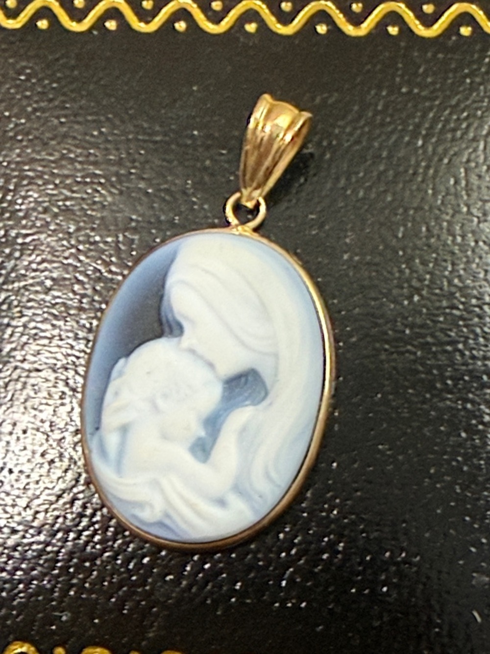 Gold Cameo Pendant  - Blue and White Mother & Child 14k authentic
